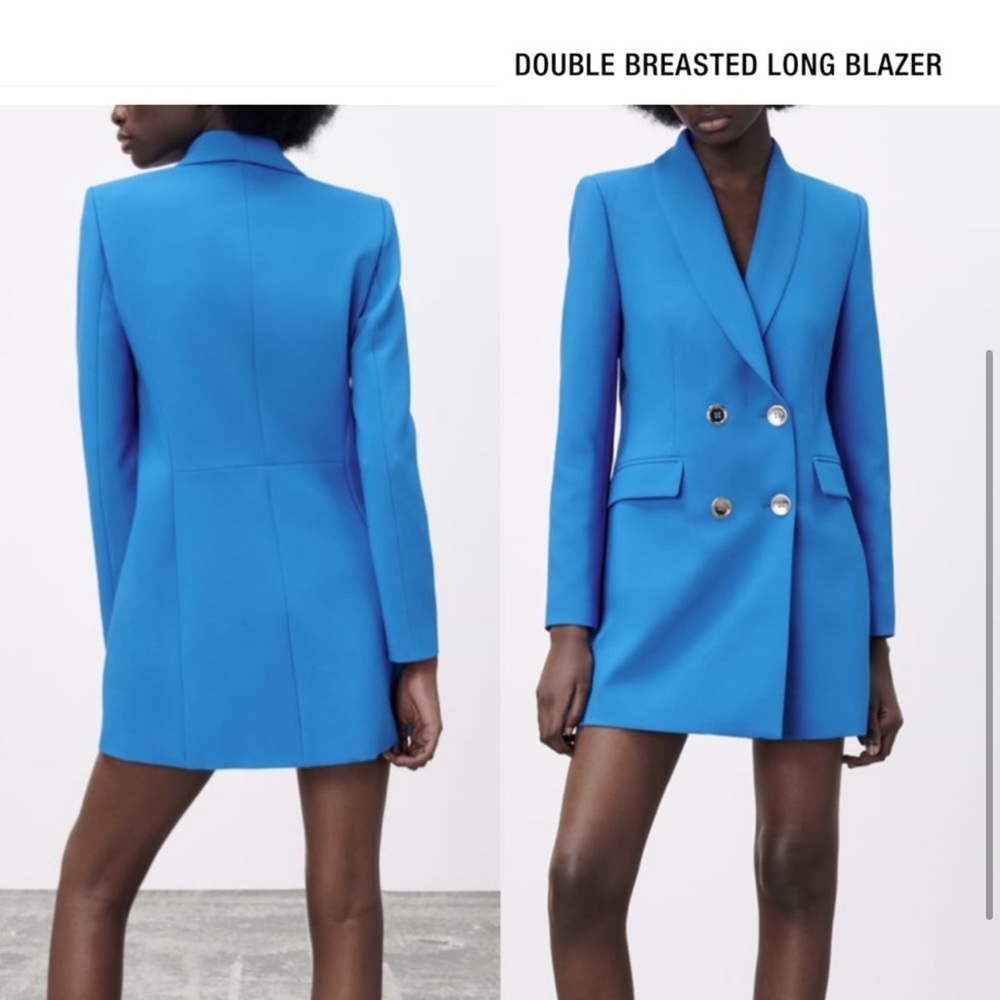 Zara Blue Double Breasted Blazer with Peaked Lapels